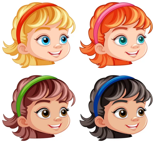 女の子の漫画の頭の別の髪の色のイラストのセット — ストックベクタ