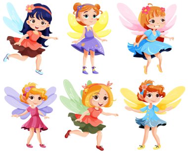 Bir dizi şirin fantezi perisi çizgi film karakteri çizimi