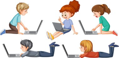 Çizgi film Çocukları Çevrimiçi Öğrenme İllüstrasyonu İçin Dizüstü Bilgisayar Kullanıyor