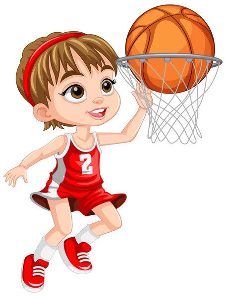 Nettes Mädchen Schießt Basketball Den Reifen Illustration — Stockvektor