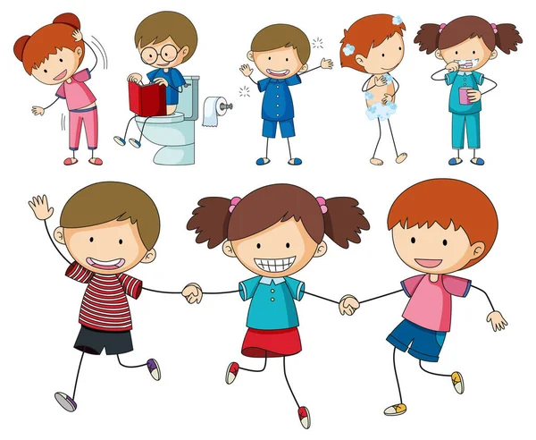 Kul Doodle Kids Göra Olika Aktiviteter Illustration — Stock vektor