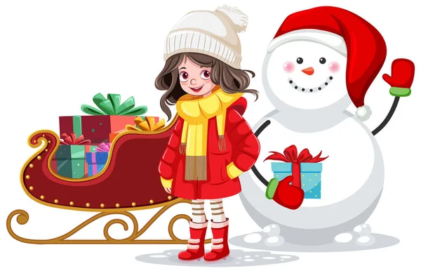 Mädchen Vor Der Haustür Winter Kalte Weihnachten Illustration — Stockvektor