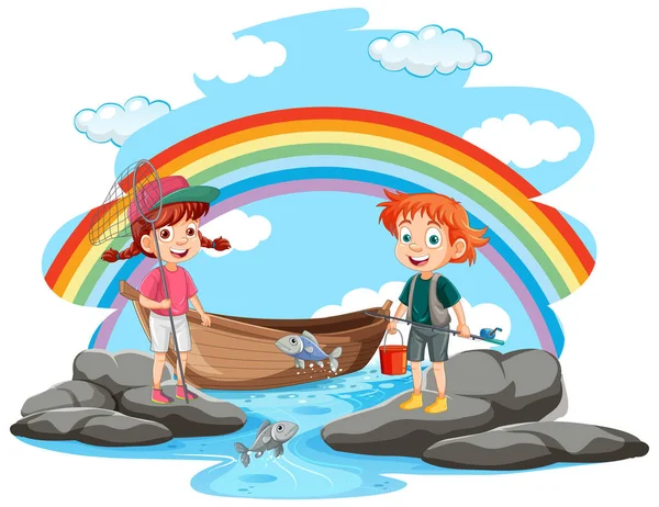 Kids Vissen Vijver Illustratie — Stockvector