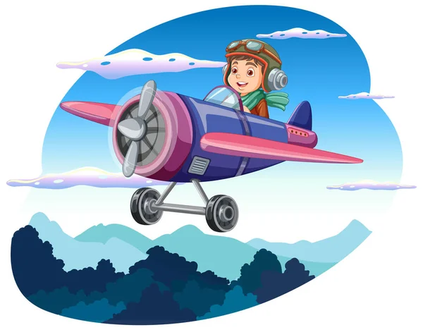 Happy Boy Montando Avião Céu Ilustração —  Vetores de Stock