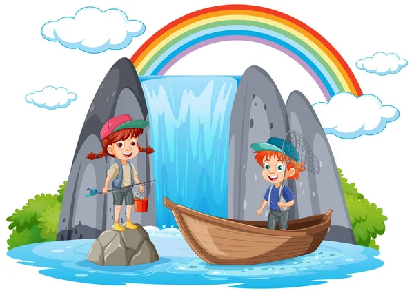 Crianças Pesca Pond Ilustração — Vetor de Stock