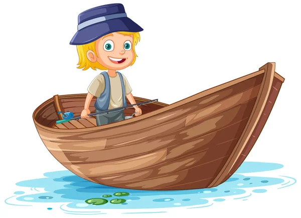 漫画スタイルのイラストで木製ボートの上の子供 — ストックベクタ