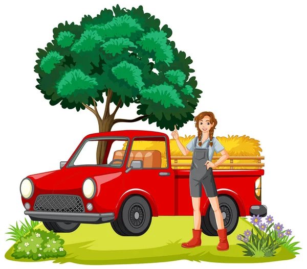 Farmer Woman Red Truck Illustration — Stock Vector