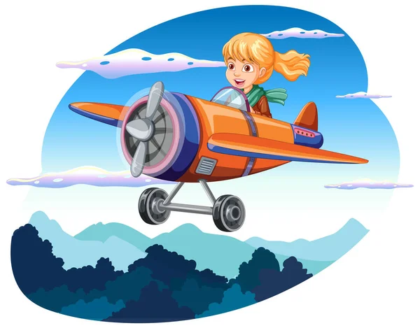 Alegre Chica Montando Avión Cielo Ilustración — Vector de stock