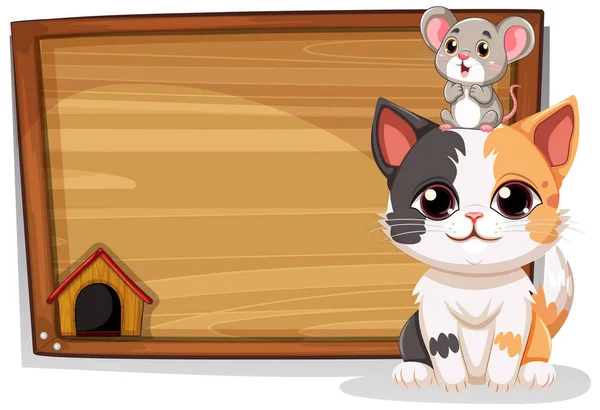 木の板のバナーイラストの横にかわいい猫とネズミ — ストックベクタ