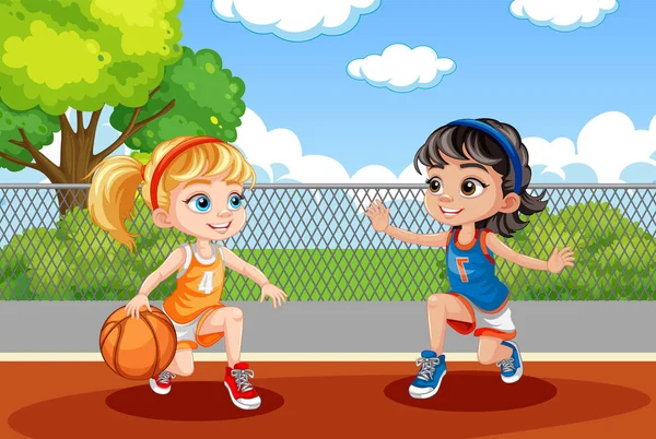 Due Ragazze Che Giocano Basket Illustrazione — Vettoriale Stock