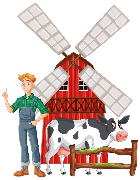 Ένας Νεαρός Άνδρας Και Μια Αγελάδα Στο Γαλακτοκομικό Αγρόκτημα Εικονογράφηση — Διανυσματικό Αρχείο