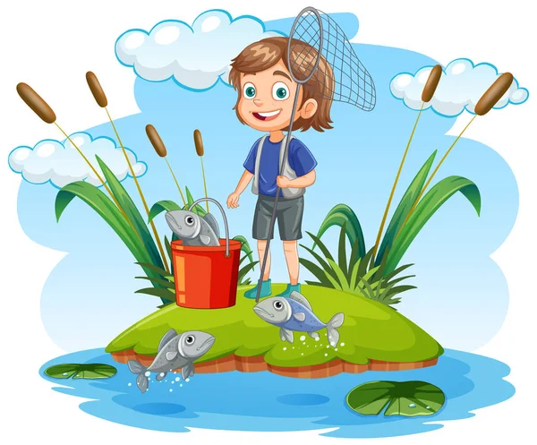 池塘里的卡通女孩钓鱼 — 图库矢量图片