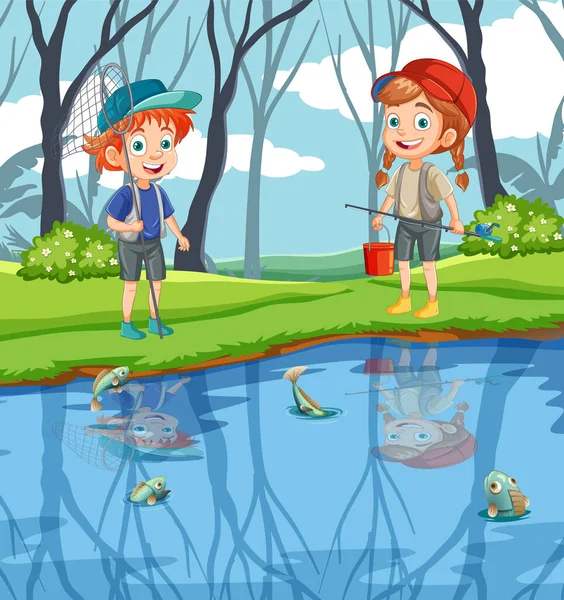 Personagens Desenhos Animados Para Crianças Explorando Lagoa Ilustração Cena Floresta — Vetor de Stock