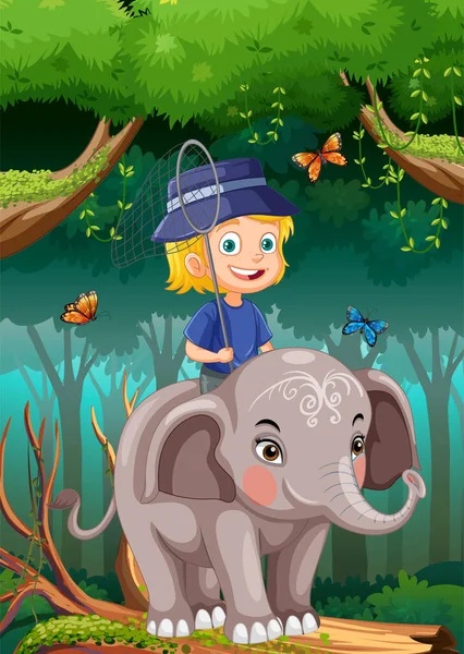 Happy Girl Riding Ελέφαντας Στην Απεικόνιση Ζούγκλα — Διανυσματικό Αρχείο