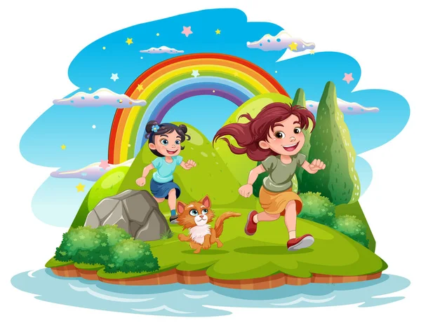 Girl Running Nature Background Cat Illustration — Stock Vector