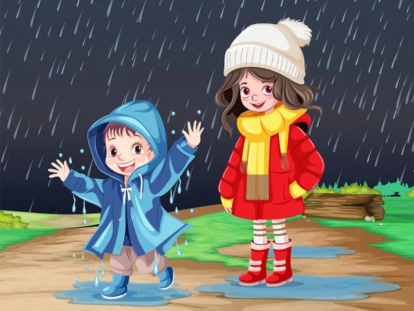 Anak Anak Tengah Hujan Dalam Ilustrasi Musim Dingin - Stok Vektor