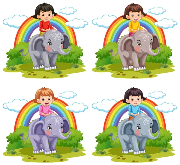 Coleção Meninas Equitação Elefantes Ilustração —  Vetores de Stock