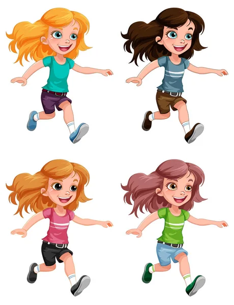 Cute Girl Running Cartoon Characters Collection Illustration — Stock Vector