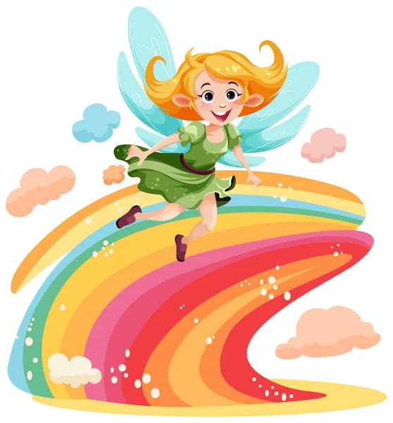 迷人的幻想仙女卡通人物配上五彩缤纷的彩虹插图 — 图库矢量图片