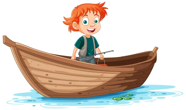 Criança Barco Madeira Estilo Dos Desenhos Animados Ilustração — Vetor de Stock