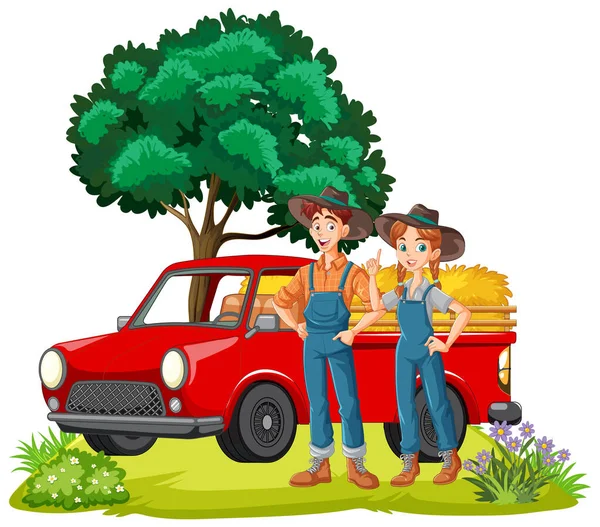 Coppia Contadino Con Camion Rosso Vettoriale Illustrazione — Vettoriale Stock