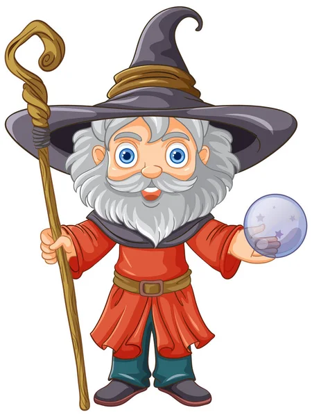 Old Wizard Wearing Hat Long Beard Holding Stick Illustration — Stock Vector