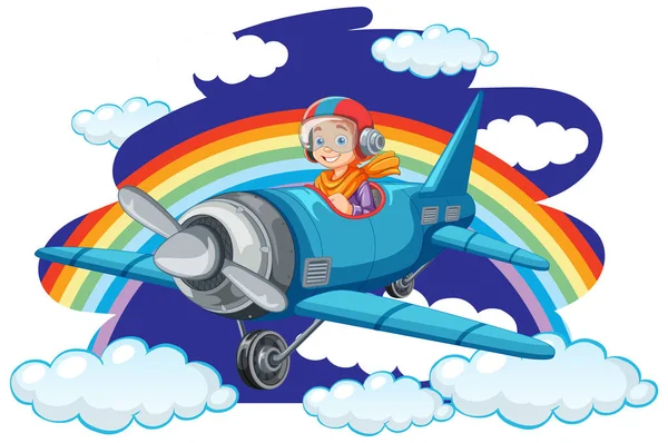Happy Boy Riding Plane Rainbow Sky Illustration — Stock Vector