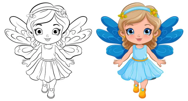 Fairy Girl Beautiful Dress Outline Colouring Illustration — Stock Vector