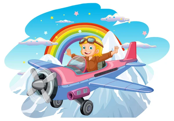 山のイラストの上の少女パイロット飛行機 — ストックベクタ