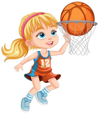 Hoop illüstrasyonuna basket atan şirin kız.