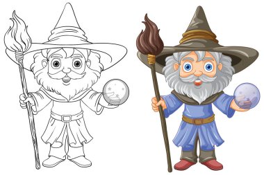 Çocuk resimleri için uzun sakallı bir şapka takan yaşlı büyücü.