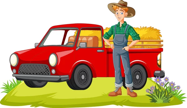Contadino Uomo Con Camion Rosso Illustrazione — Vettoriale Stock