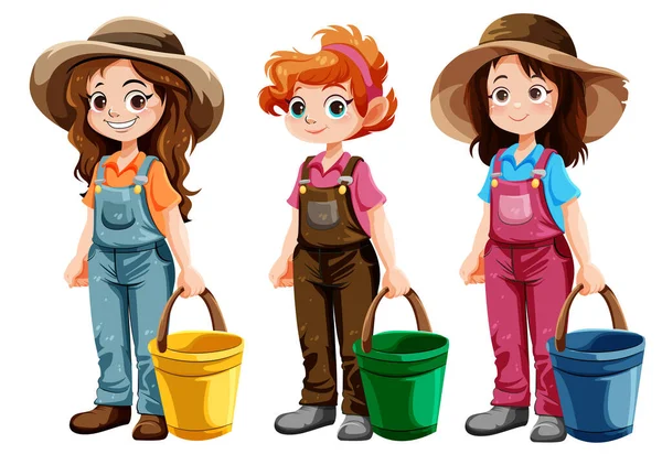 Set Gardener Woman Cartoon Character Holding Buckey Illustration — Stock Vector