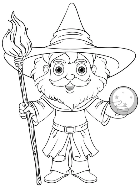 Old Wizard Wearing Hat Long Beard Doodle Coloring Page Children — Stock Vector