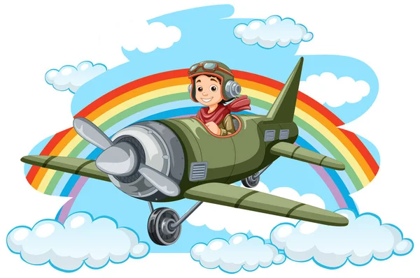 Happy Boy Riding Plane Avec Rainbow Sky Illustration — Image vectorielle