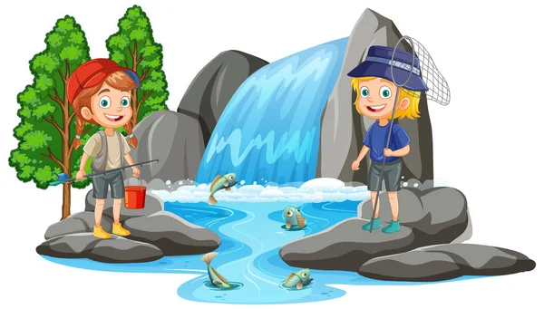 Twee Kinderen Waterval Scene Illustratie — Stockvector