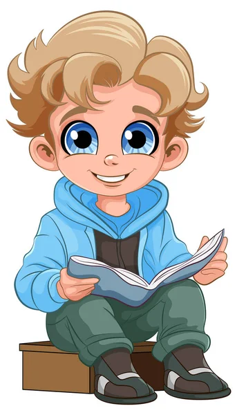 Chlapec Sedí Čte Ilustraci Knihy — Stockový vektor