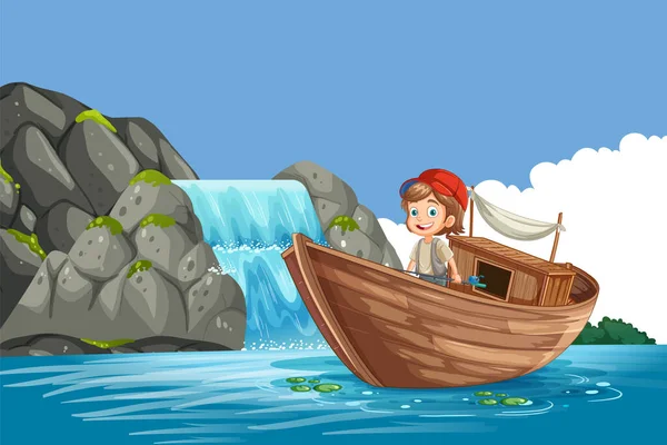 带瀑布背景图的木船渔民钓鱼 — 图库矢量图片