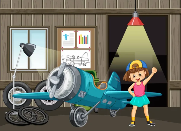 Ein Plame Parkt Hangar Mit Kind Illustration — Stockvektor