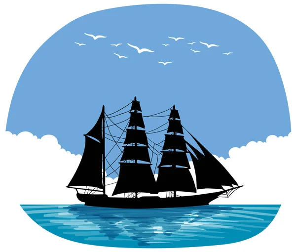 Silhouette Barca Vela Sul Mare Illustrazione — Vettoriale Stock