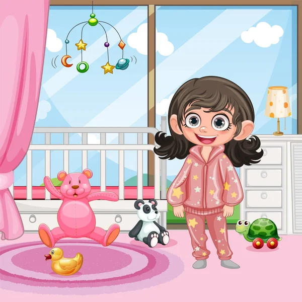 Cute Girl Piżamie Sypialni Ilustracji Rano — Wektor stockowy