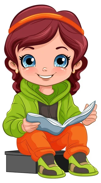 Mädchen Cartoon Buch Lesen Isolierte Illustration — Stockvektor