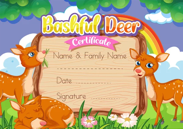 Bashful Deer Certificate Template Illustration — Stock Vector