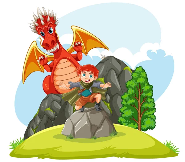 stock vector Red Dragon with Boy Character illustration