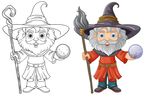 Old Wizard Wearing Hat Long Beard Doodle Coloring Page Children — Stock Vector