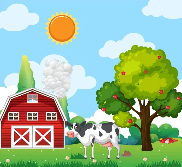 Cow Grass Field Blue Sky Scene Illustration — Stock Vector