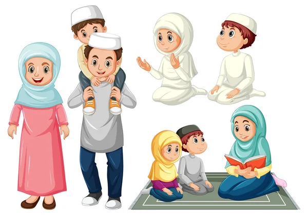 Conjunto Personas Musulmanas Ilustración Personajes Dibujos Animados — Vector de stock