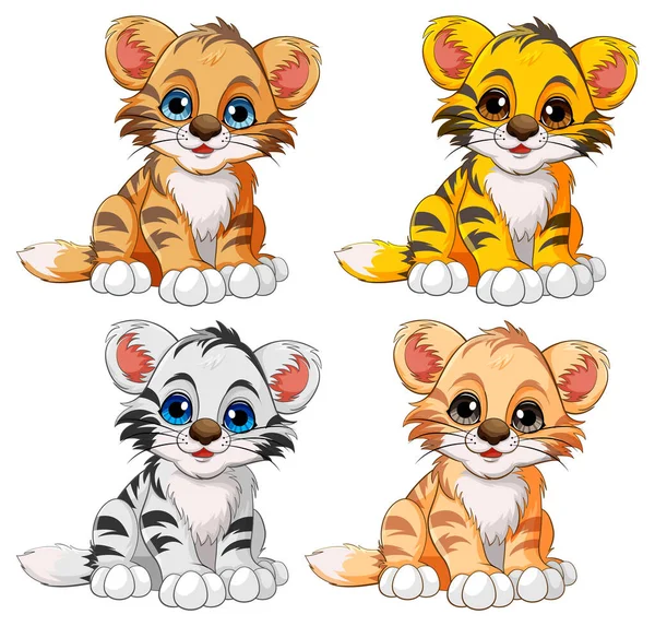Kolekce Cute Baby Tiger Cartoon Characters Ilustrace — Stockový vektor