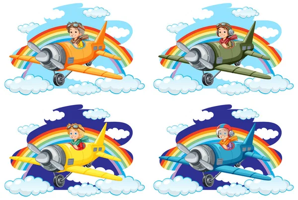 Happy Boy Riding Samolot Tęczą Niebie Ilustracji — Wektor stockowy