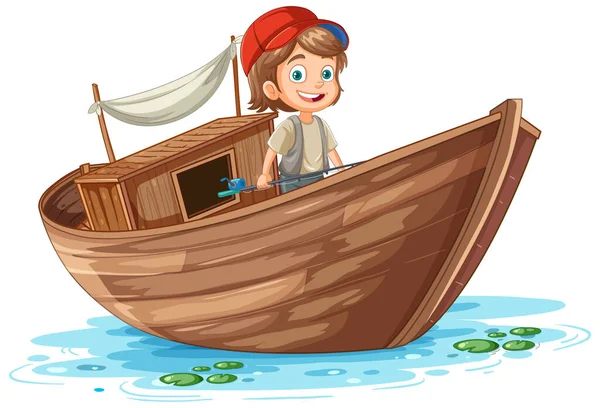 Παιδί Ξύλινο Σκάφος Στην Απεικόνιση Στυλ Κινουμένων Σχεδίων — Διανυσματικό Αρχείο